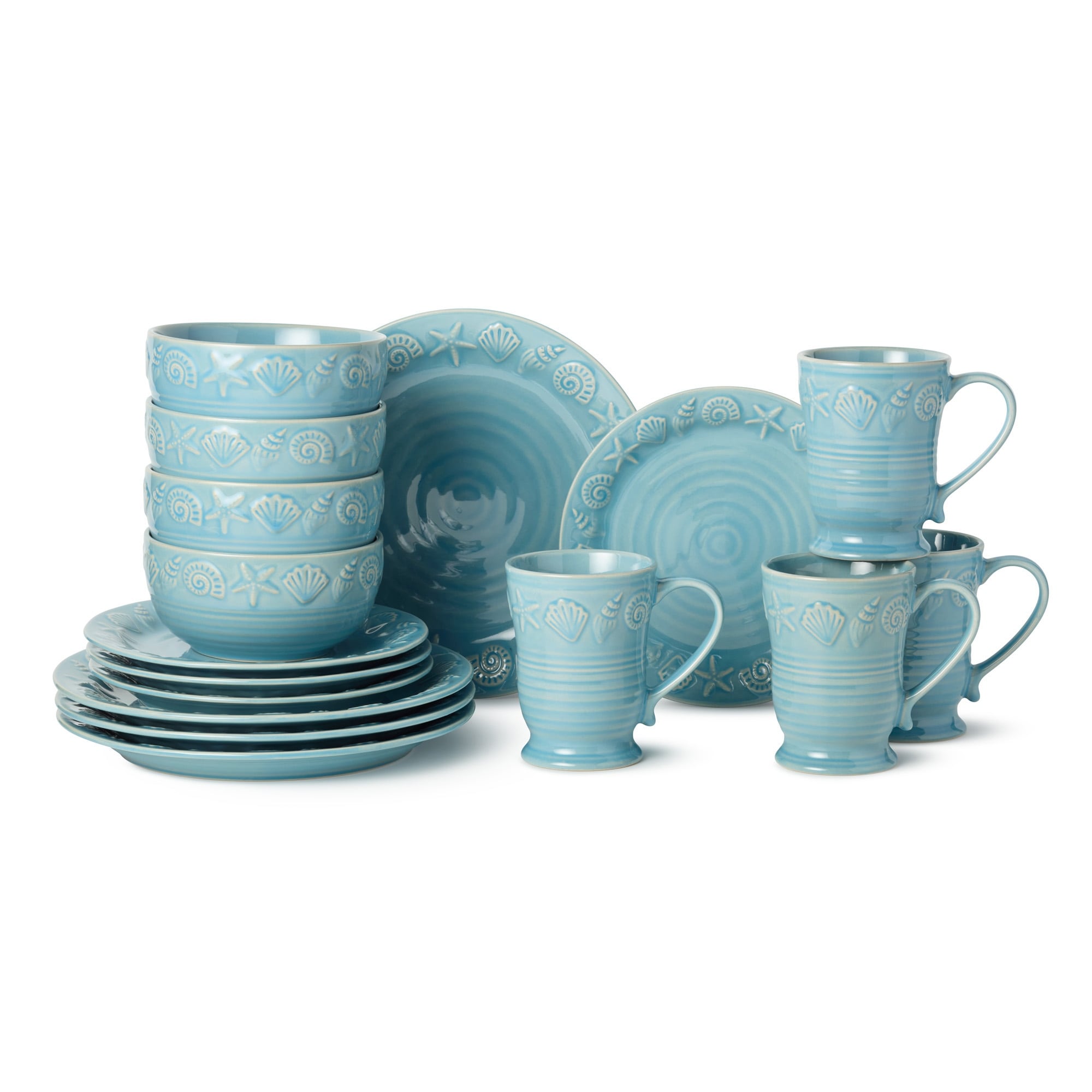 Certified International Coastline Blue 16 Piece Dinnerware Set, Service for 4 - 10.50"L x 10.50"W x 1.13"H