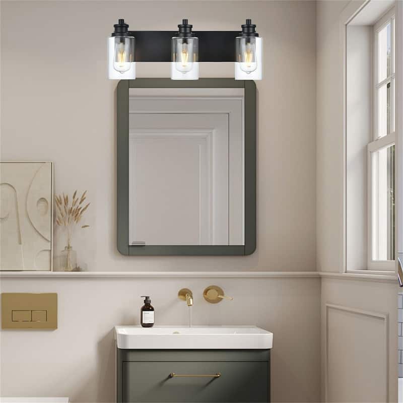 3-Light Industrial Black Vanity Light with Clear Glass Shades