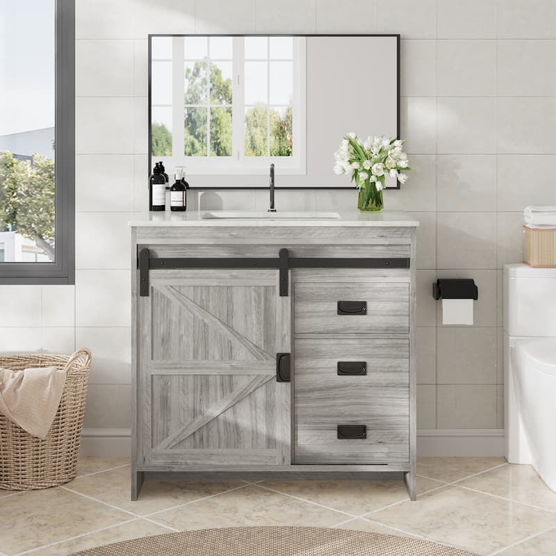 EROMMY Farmhouse Bathroom Vanity with Ceramic Top and Sliding Barn Door Sink Cabinet, Rustic Single Sink Vanity - 36"