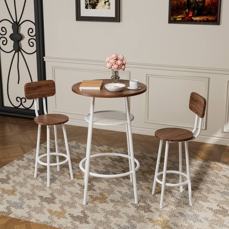 3-Piece Bar Table Set with 2 Bar Stools - Modern Pub Table with Backrests & Storage Shelf - Brown+White
