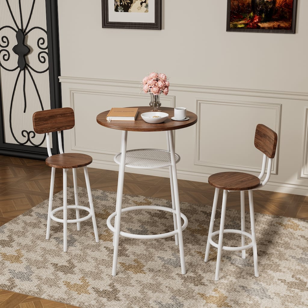 3-Piece Bar Table Set with 2 Bar Stools - Modern Pub Table with Backrests & Storage Shelf