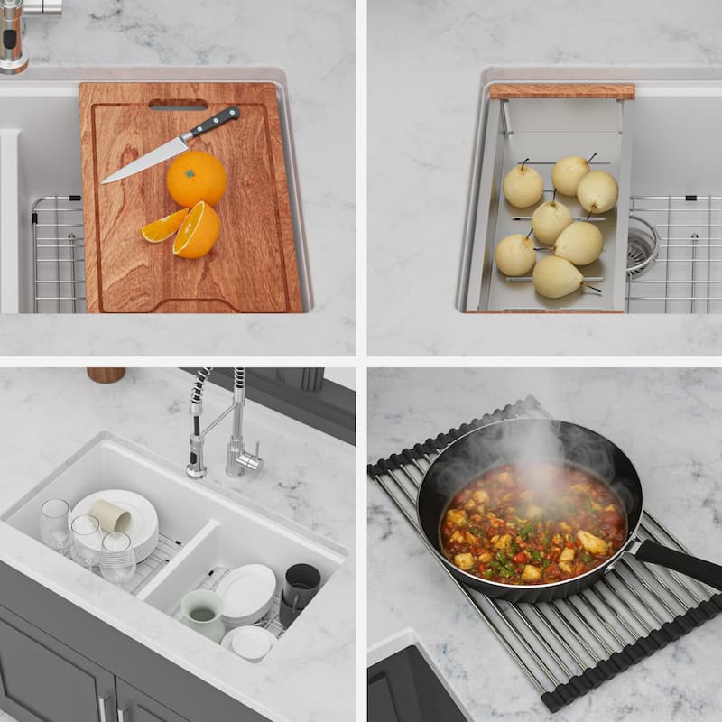 Undermount Double Bowl Quartz Kitchen Sink in White - 33'' x 19'' x 9.65''