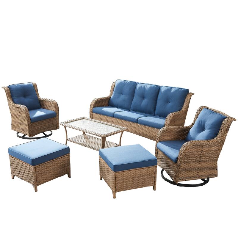 Pocassy Outdoor 6 Pieces 3-Seat Sofa Swivel Chairs Table Ottoman