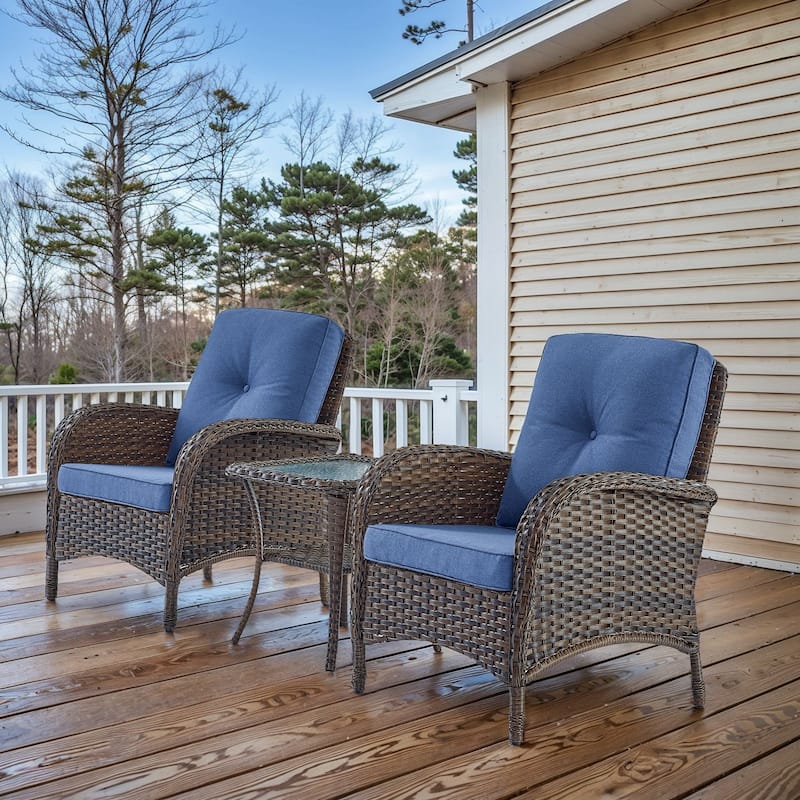 Pocassy Outdoor Wicker Patio Chairs Set - Brown Wicker Blue Cushion - 2PCS Patio Chairs w/ 1PC Side Table