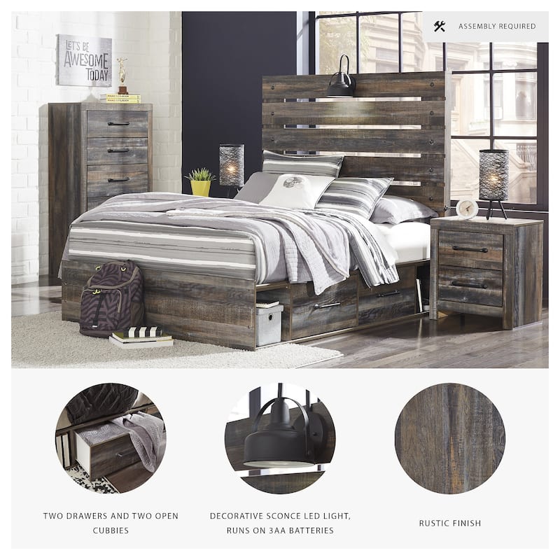 Drystan Rustic Brown Panel Bed with 2 Under Bed Storage Drawers