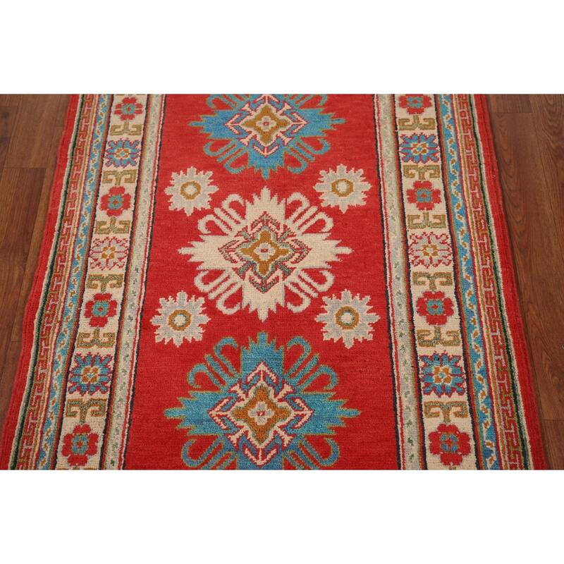 Red Kazak Foyer Rug Handmade Geometric Red Wool Carpet - 2'9" x 4'2"