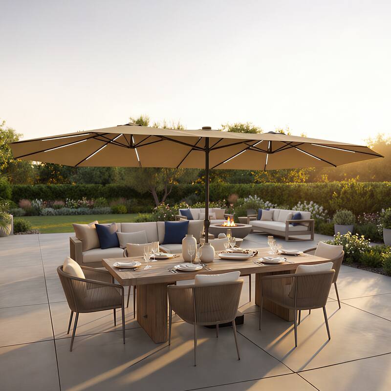 15FT Solar LED Double-Sided Patio Umbrella with Base, 12 Light Strips, 2000mAh