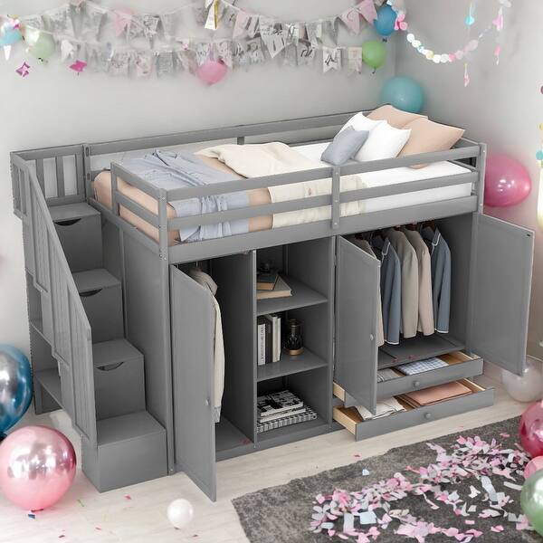 slide 2 of 16, Twin Size Loft Bed With 3 Shelves,2 Wardrobes,2 Drawers,Ladder for Home Grey