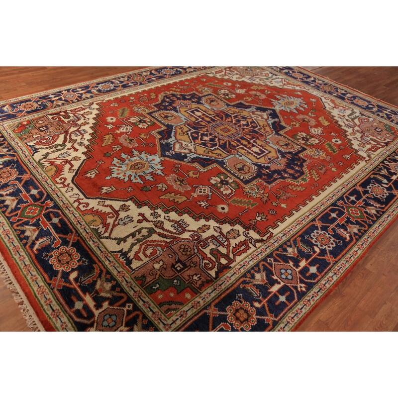 Orange Medallion Heriz Serapi Indian Area Rug Hand-Knotted Wool Carpet - 8'11"x 11'9"