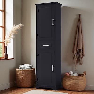 Tall Bathroom Storage Cabinet with Adjustable Shelves, Freestanding MDF Organizer with Drawer and Two Doors, Black