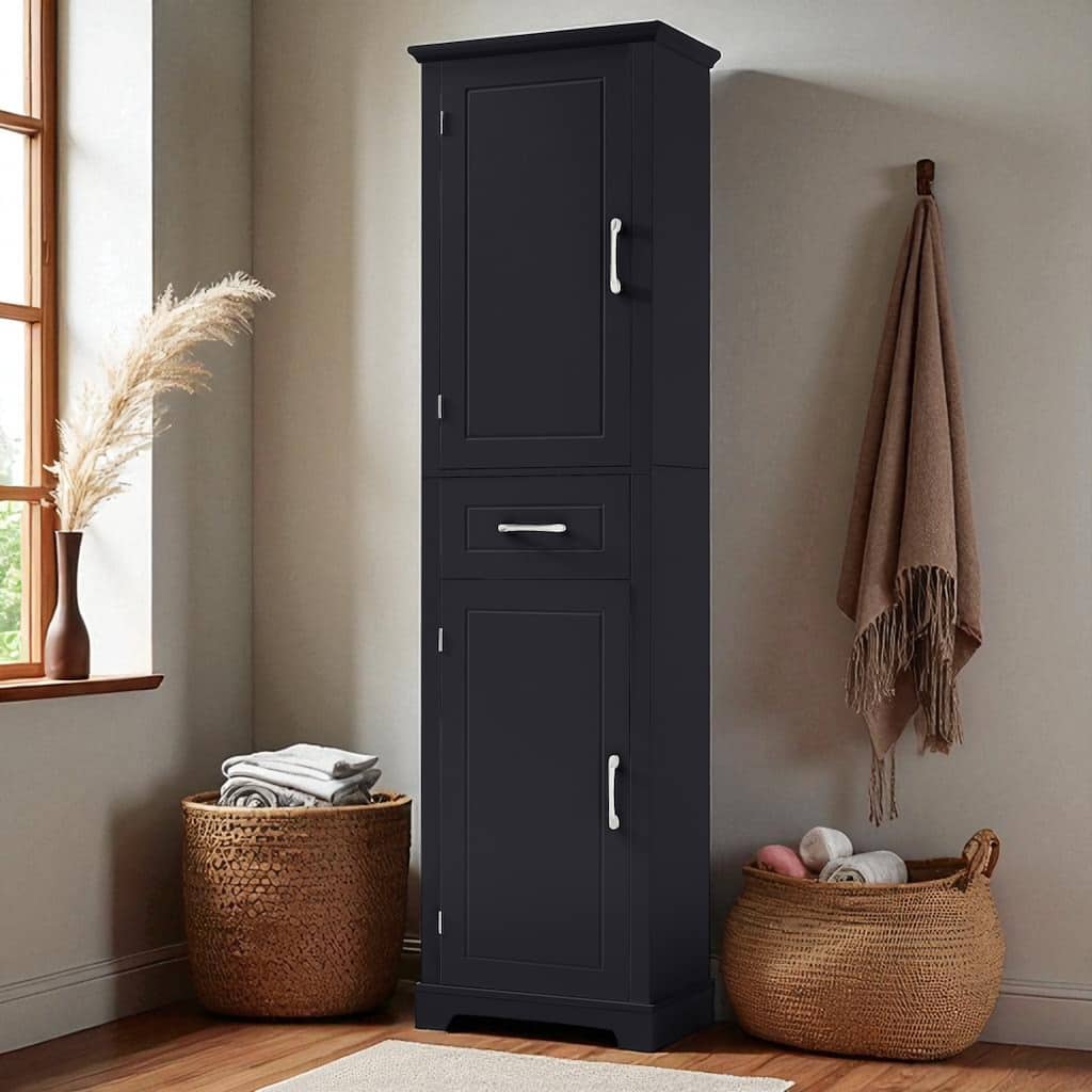 Tall Bathroom Storage Cabinet with Adjustable Shelves, Freestanding MDF Organizer with Drawer and Two Doors, Black