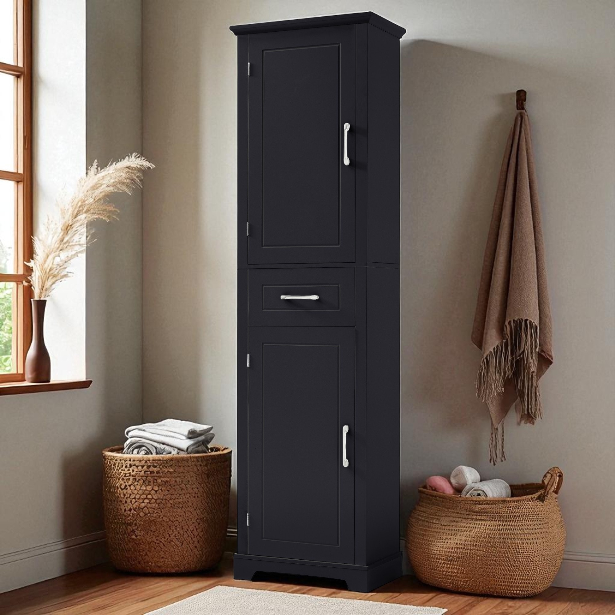 Tall Bathroom Storage Cabinet with Adjustable Shelves, Freestanding MDF Organizer with Drawer and Two Doors, Black
