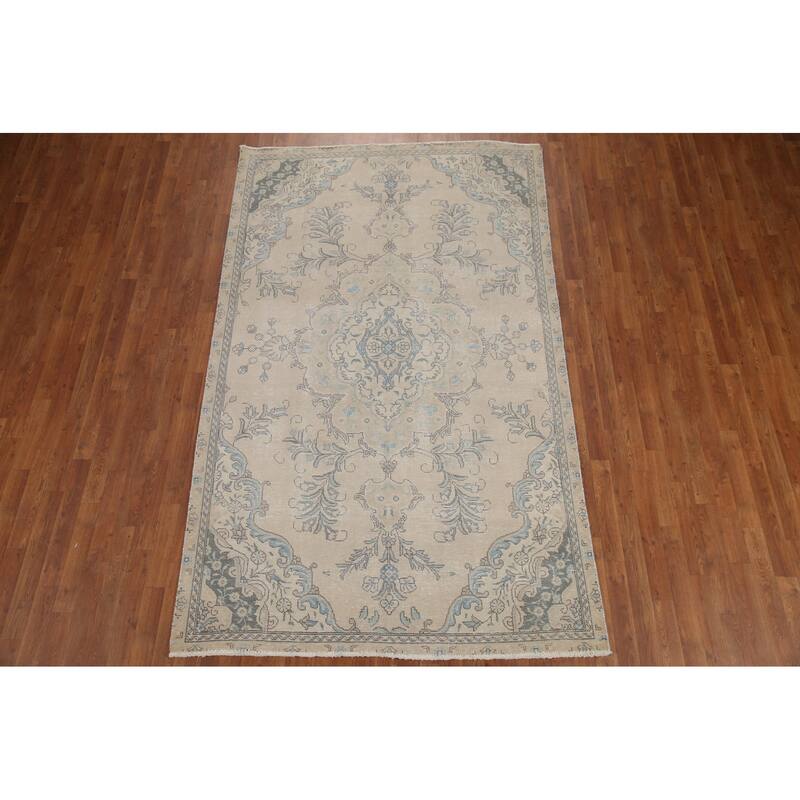 Hand Knotted Oriental 100% Wool Carpet Traditional Floral Beige & Ivories Tabriz Area Rug - 9' 2'' X 5' 6''