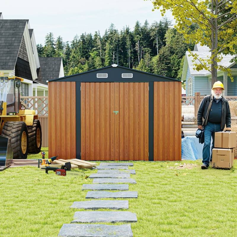 Outdoor Storage Shed 9×11 FT with 3 Lockable Doors,Utility Tool Shed Metal Storage Garden Sheds 4 Vents,Metal Sheds