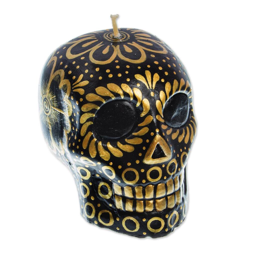 Novica Handmade Black And Yellow Skull Hand-Painted Candle