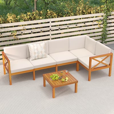 Costway 6 PCS Acacia Wood Patio Furniture Set with Cushions and Coffee - See Details