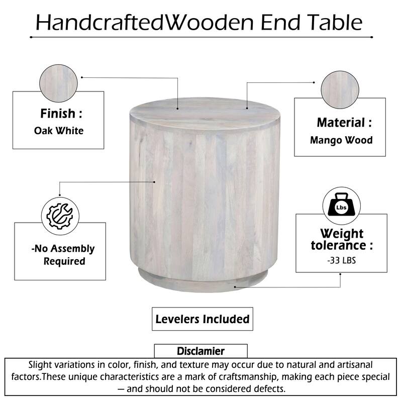 Febe Side End Accent Table, 20 Inch Round Top, Cylindrical Plinth Base, Oak White Mango Wood