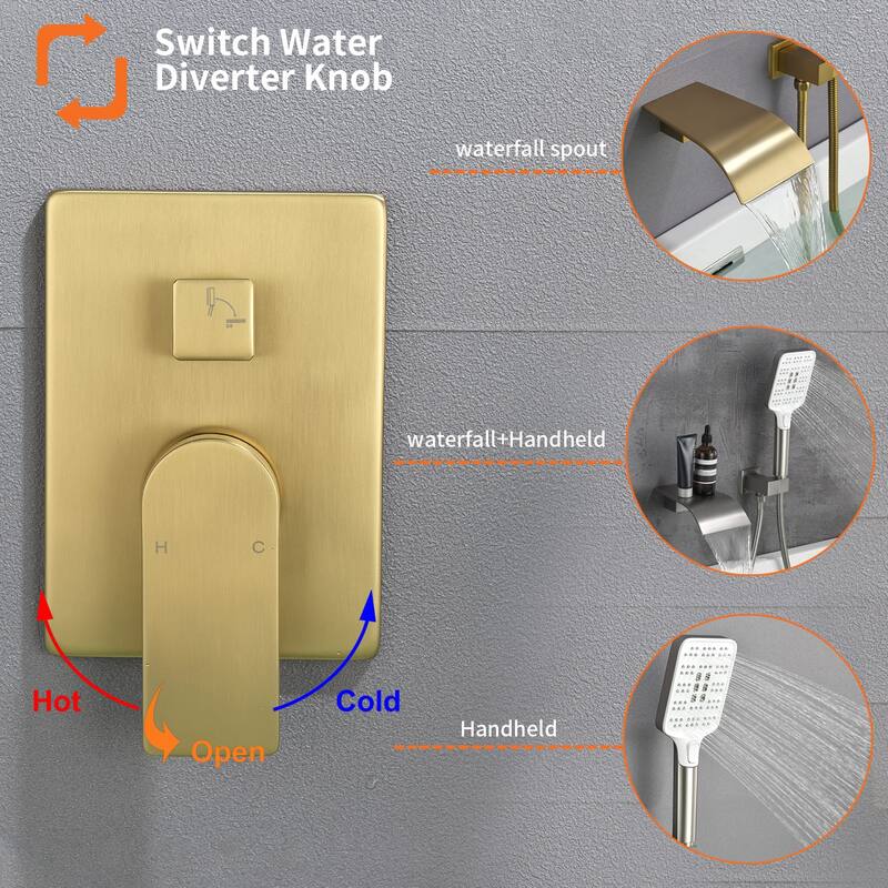 Wall Mounted Tub Faucet With Hand Sprayer Waterfall Bathtub Faucet Modern Single Handle Tub Filler Trim With Handheld Shower