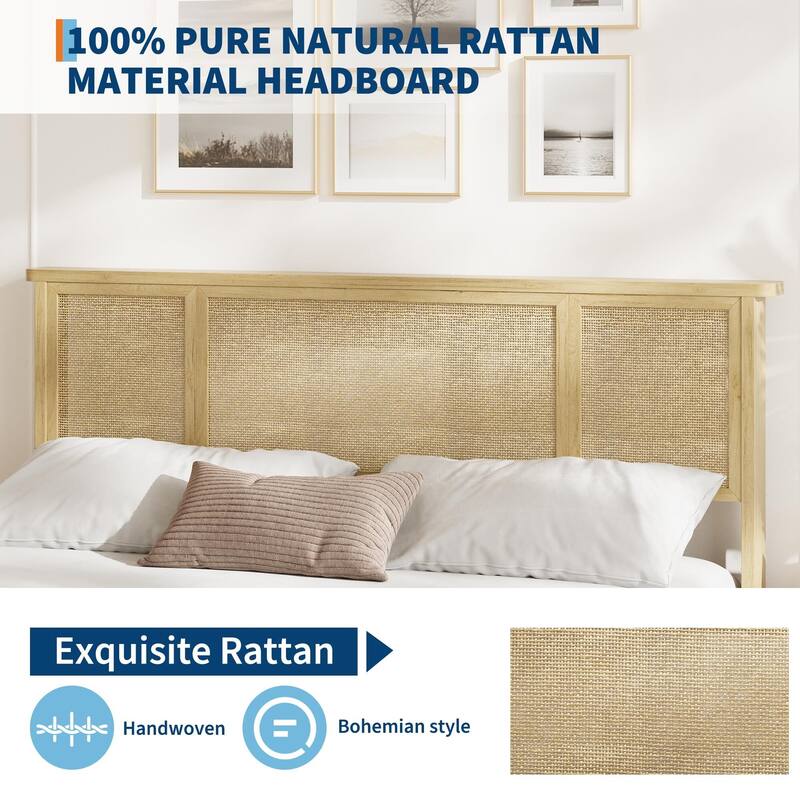 Bed Frame with Natural Rattan Headboard, 4 Storage Drawers