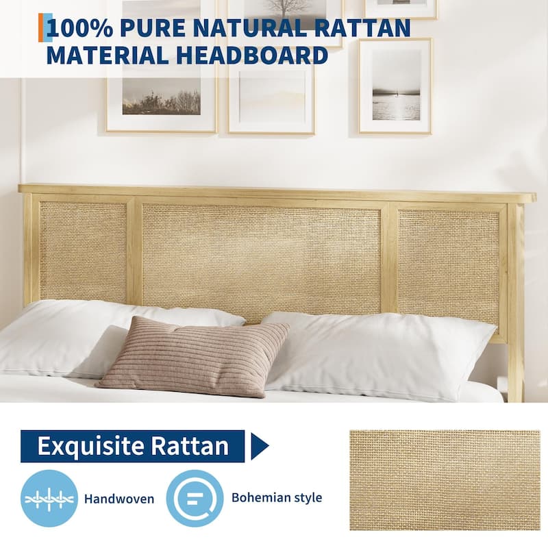 Bed Frame with Natural Rattan Headboard, Strong Wooden Slats