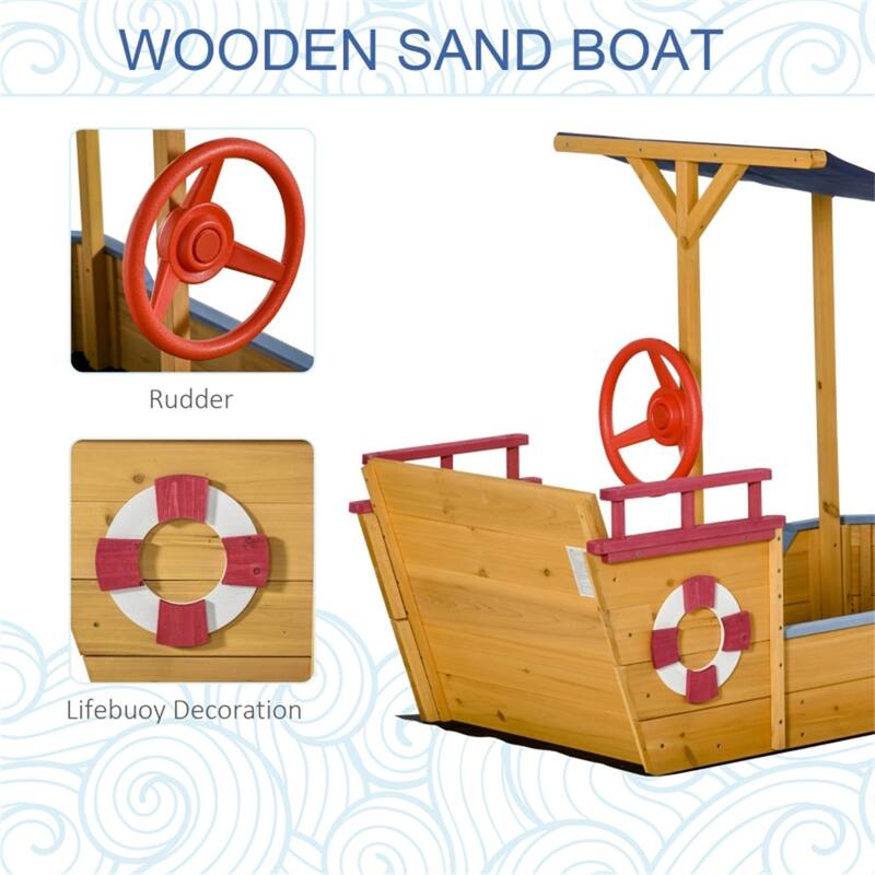 Wooden Boat Sandbox with Canopy Storage and Rudder Design for Kids Ages 3 to 8 Years - 63"L x 27.5"W x 40.5"H