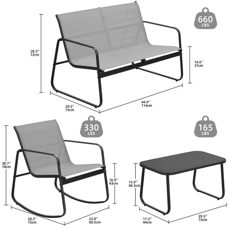 Moasis 4 Piece Outdoor Patio Conversation Set with Bistro Rocking Chairs,Loveseat and Glass Table