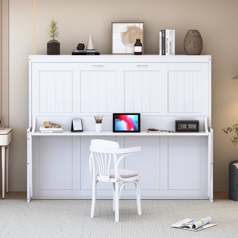 Full Size Horizontal Murphy Bed with Desk, Murphy Bed Cabinet with Storage, Space-Saving Folding Wall Bed Frame for Bedroom - White