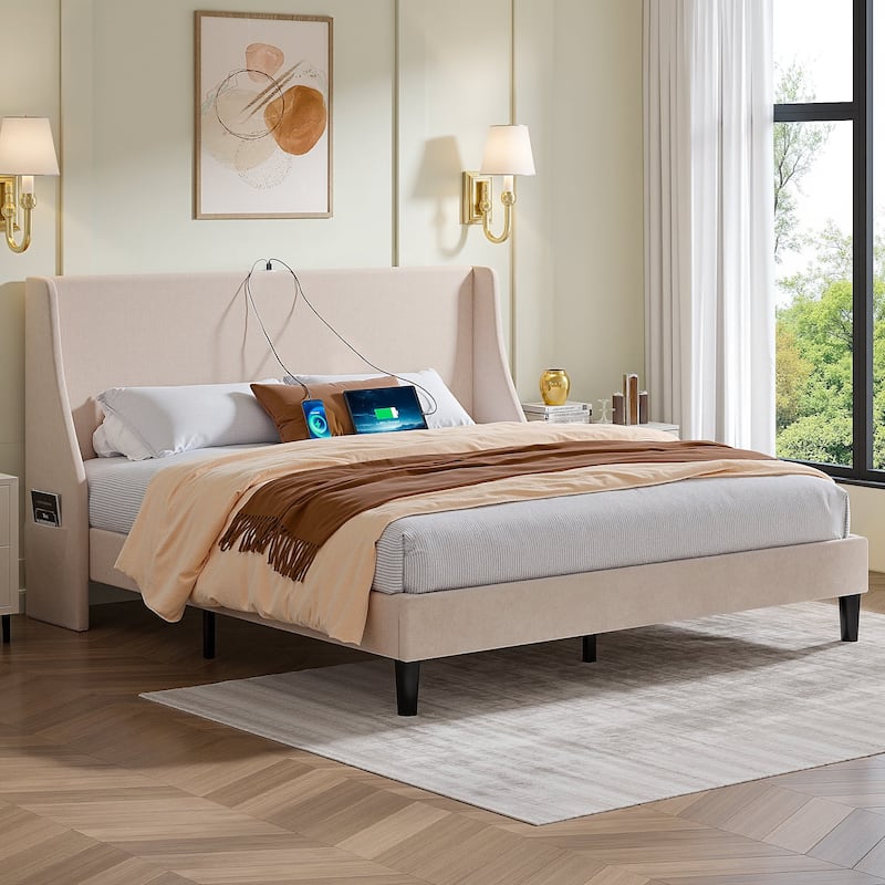 VECELO Bed Frame with Upholstered Wingback Headboard,Platform Bedframe with Charging Station & Side Pockets