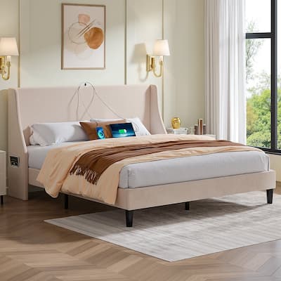 VECELO Bed Frame with Upholstered Wingback Headboard Platform Bedframe with Charging Station & Side Pockets