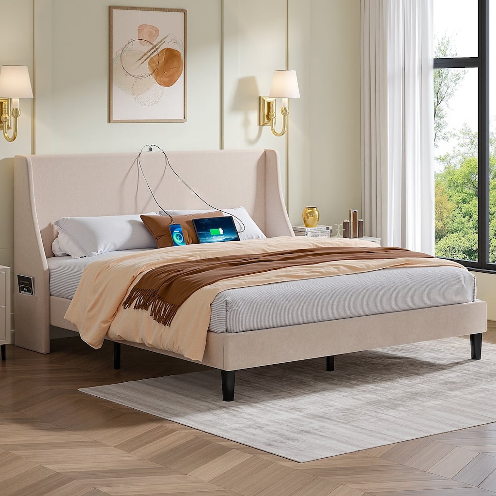 VECELO Bed Frame with Upholstered Wingback Headboard Platform Bedframe with Charging Station & Side Pockets