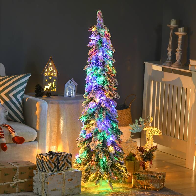 4/6/7FT Prelit Pencil Artificial Christmas Tree with Snow Flocked Branches & 100 Warm White or Colorful LED Lights