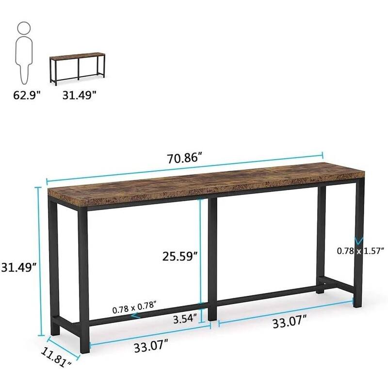 Rustic Brown Black Particle Board Console Sofa Table with Metal Frame 70 Inch - 70.86" L x 11.81" W x 31.49" H