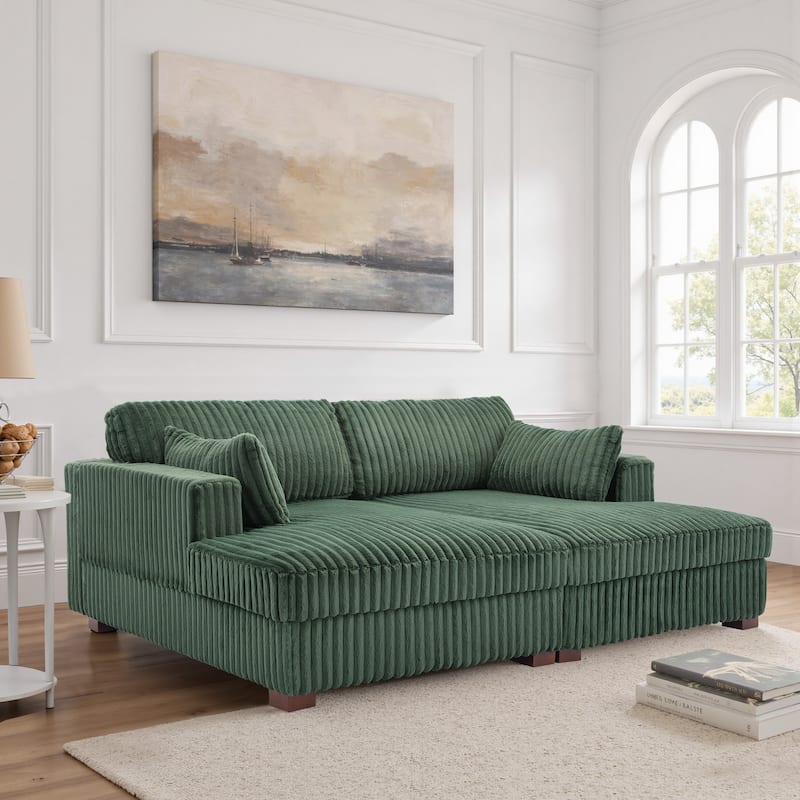 Sophia 84" W Plush Corduroy Chaise Lounge Modular Sectional Sofa - Green