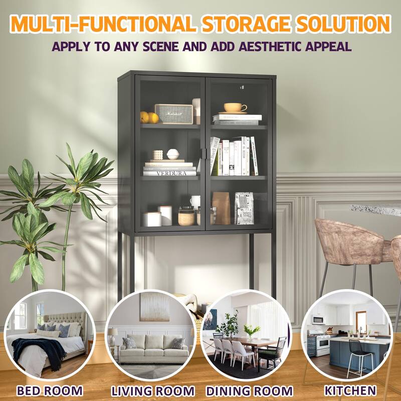 Heavy Duty Metal Storage Cabinet Buffet Sideboard Display Case, Black