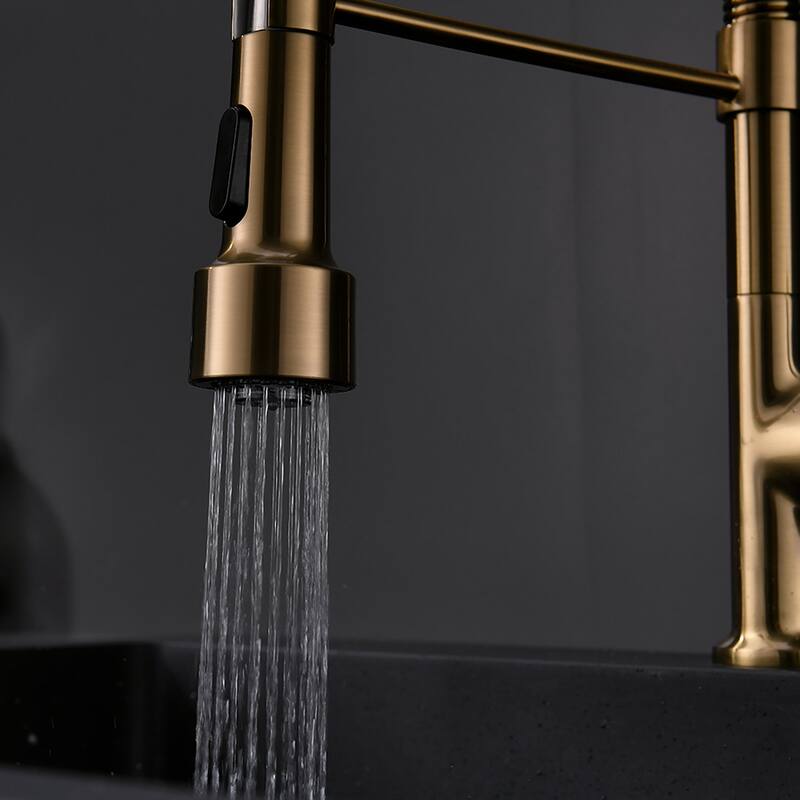 Single Handle Brushed Gold Pull Down Kitchen Faucet with LED Spray - 8"*16.1"