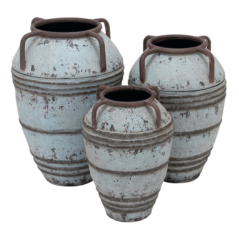 Metal Distressed Decorative Vase with Handles - Set of 3 Blue - Roche River Decor - Blue