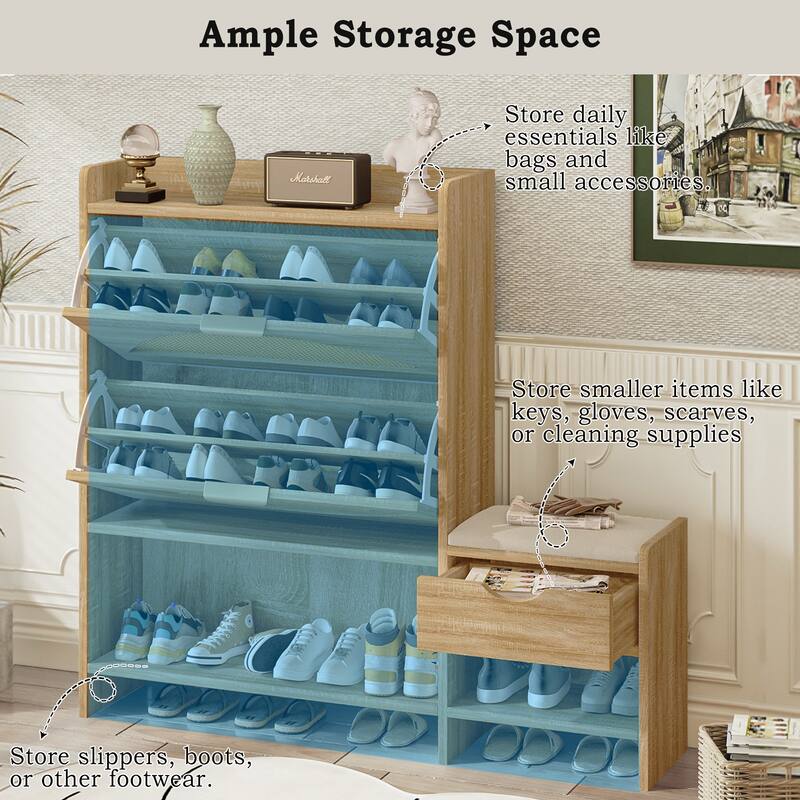 Roomfitters Rattan Shoe Storage Cabinet with Bench and Flip Compartments for Entryway, Light Brown