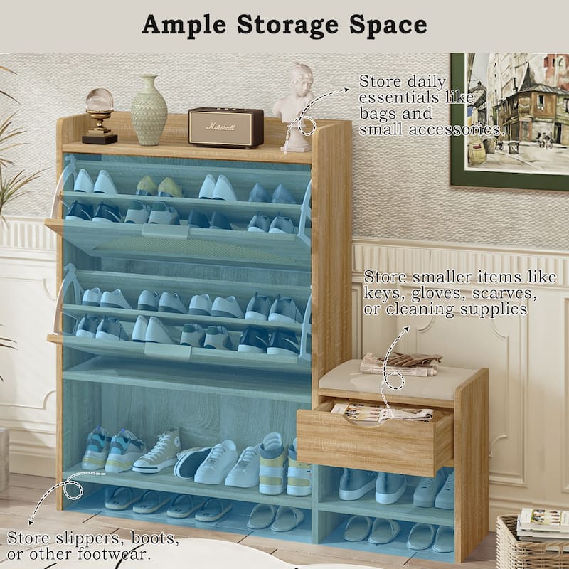 Wood Flip-Drawer Storage Shoes Bench Entryway Shoe Storage