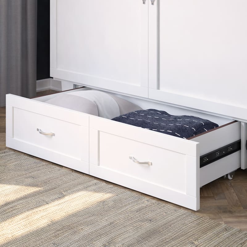 Monroe Queen Murphy Bed Chest with 6" Mattress, Storage Drawer & Built-In Charger in White