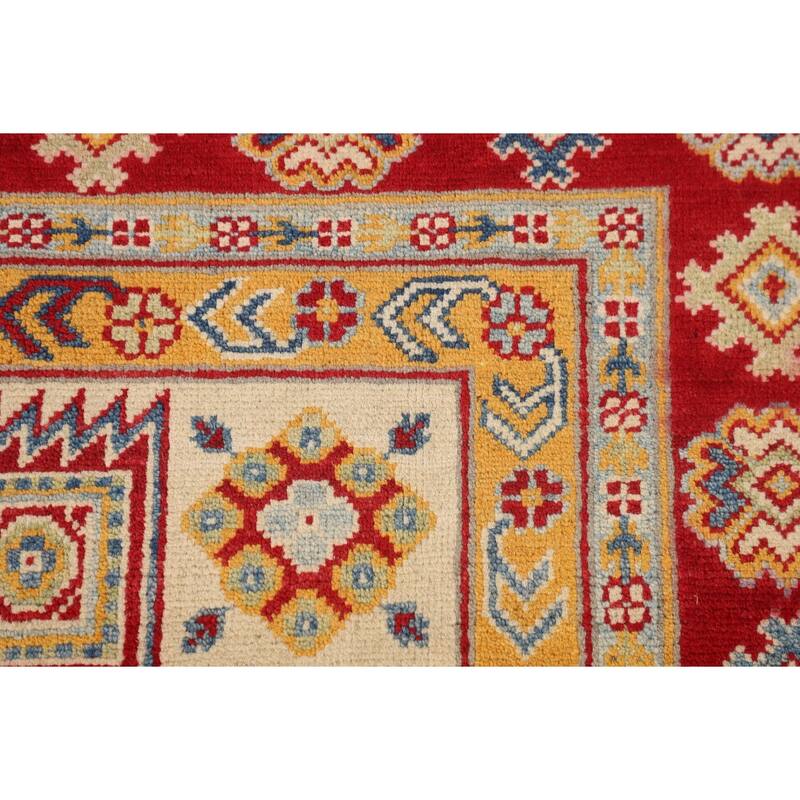 Geometric Kazak Oriental Area Rug Hand-Knotted Grey Wool Carpet - 4'10" x 6'5"
