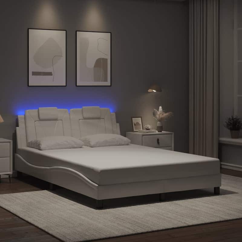 vidaXL Bed Frame with LED Lights Mattress Foundation Furniture Faux Leather - White - Full