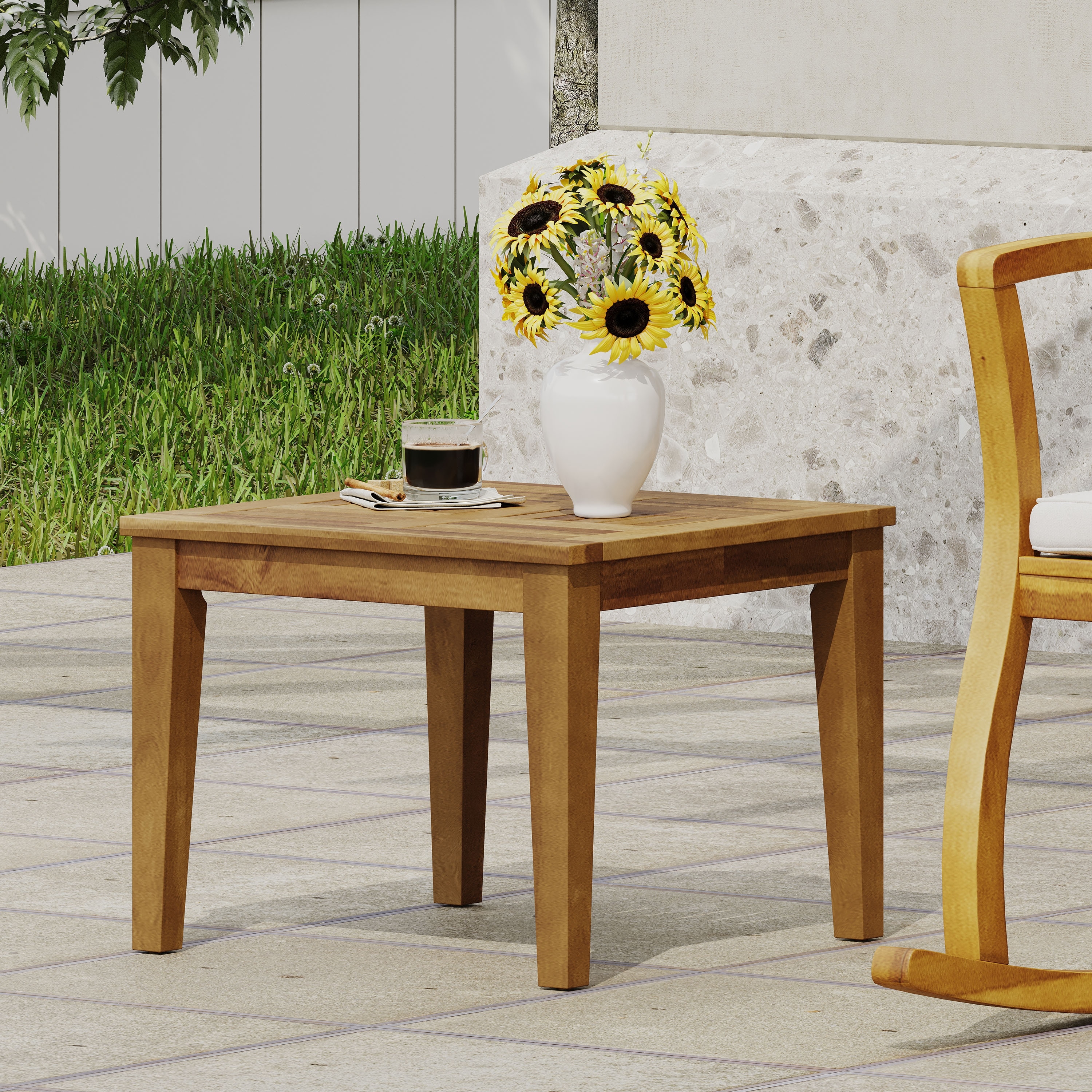 Roomfitters Solid Acacia Wood Patio Side Table, Outdoor End Table for Balcony or Garden, Slatted Top Design
