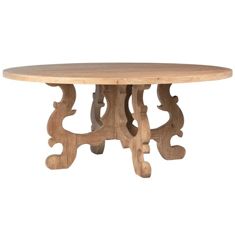 Alani 71-inch Round White Pine Dining Table with Carved 4-Leg Base in a Natural Finish