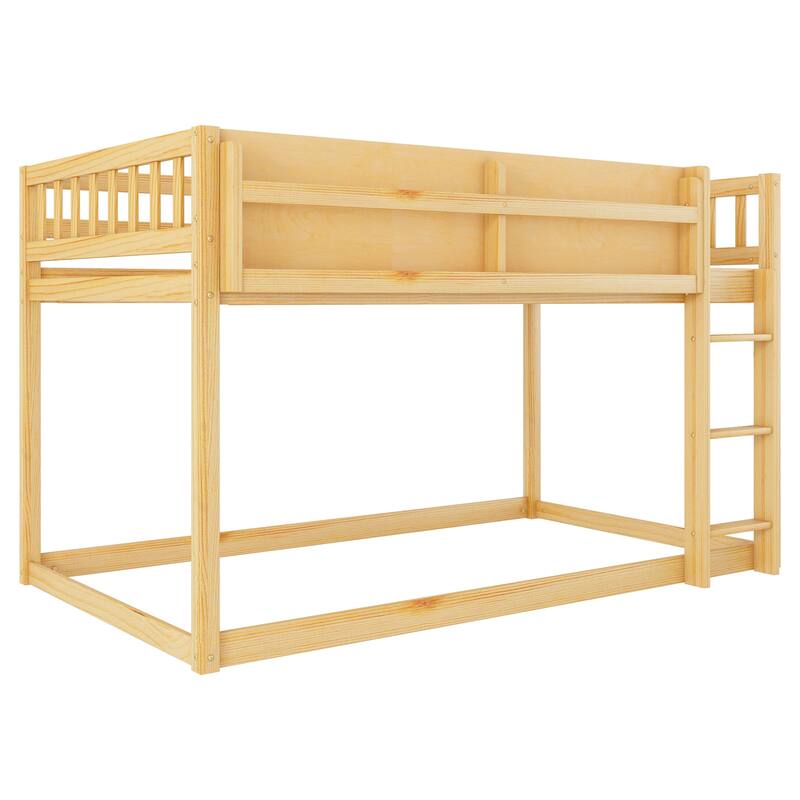 Roomfitters Twin Over Twin Bunk Bed, Low Floor Loft Platform Bed and Shelf with Wooden Frame for Bedroom