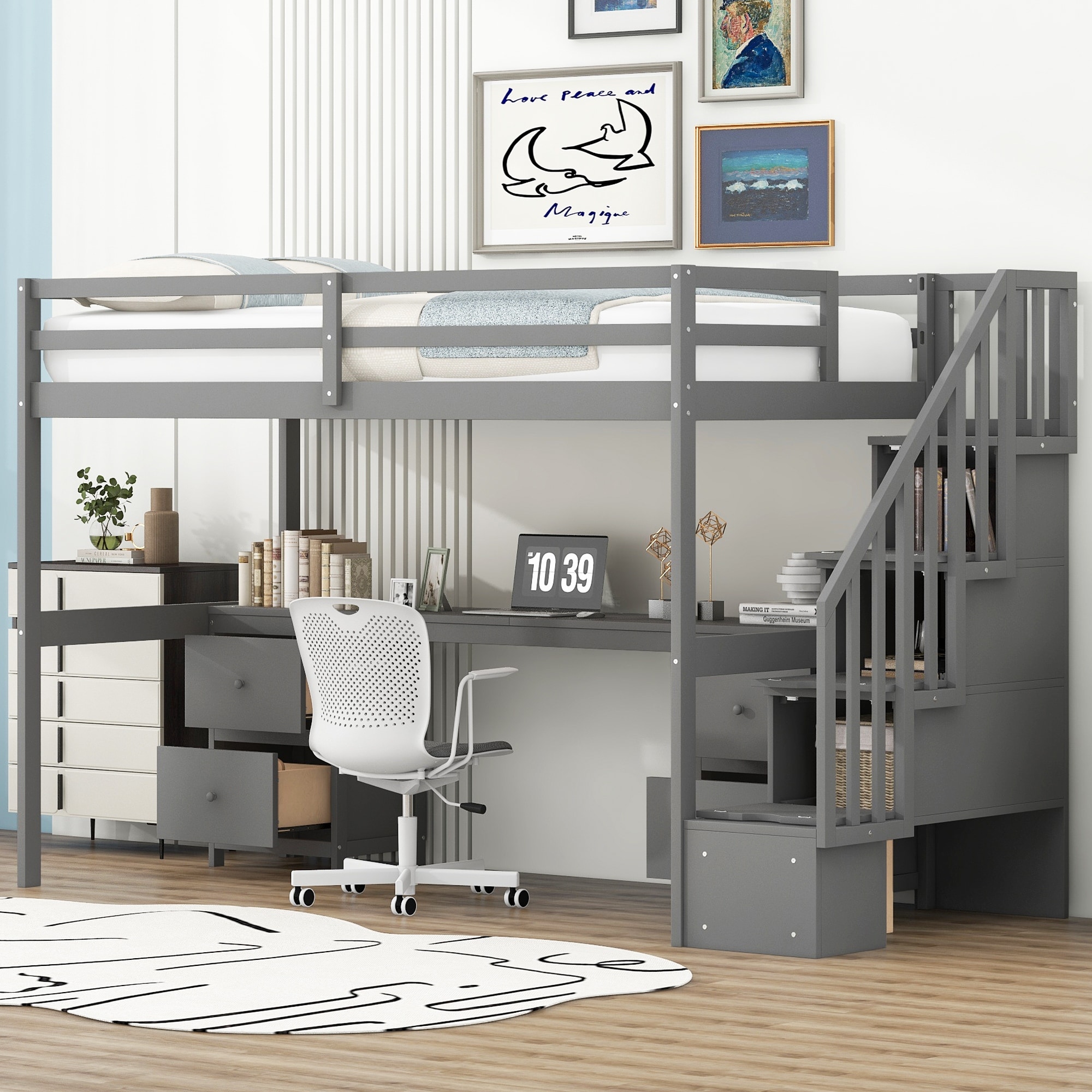 Gray Twin Size Solid Wood Loft Bed with Built-in Desk and Double Storage Drawers
