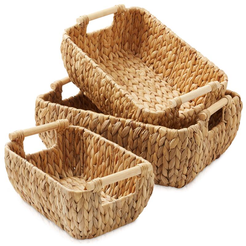 Hyacinth Seagrass Oval Storage Baskets with Wooden Handles Woven Bins - Natural - Hyacinth - Set of 3 - Sm, Med, Lg