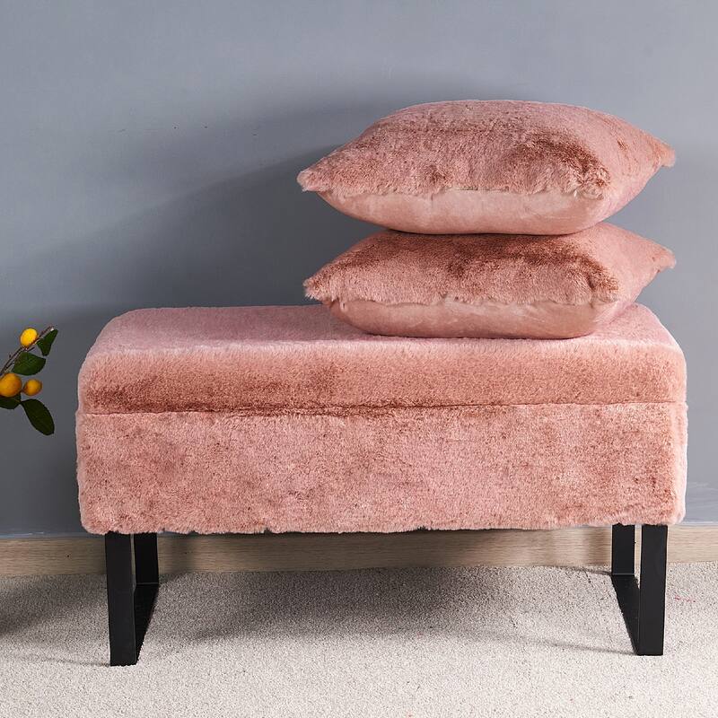 Heavy FauxFur Storage Ottoman with 2 Pillow Set