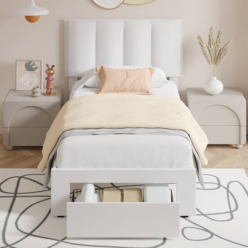 White Bed Frame with 4 Storage Drawers, Upholstered Platform Bed Frame with Adjustable Headboard