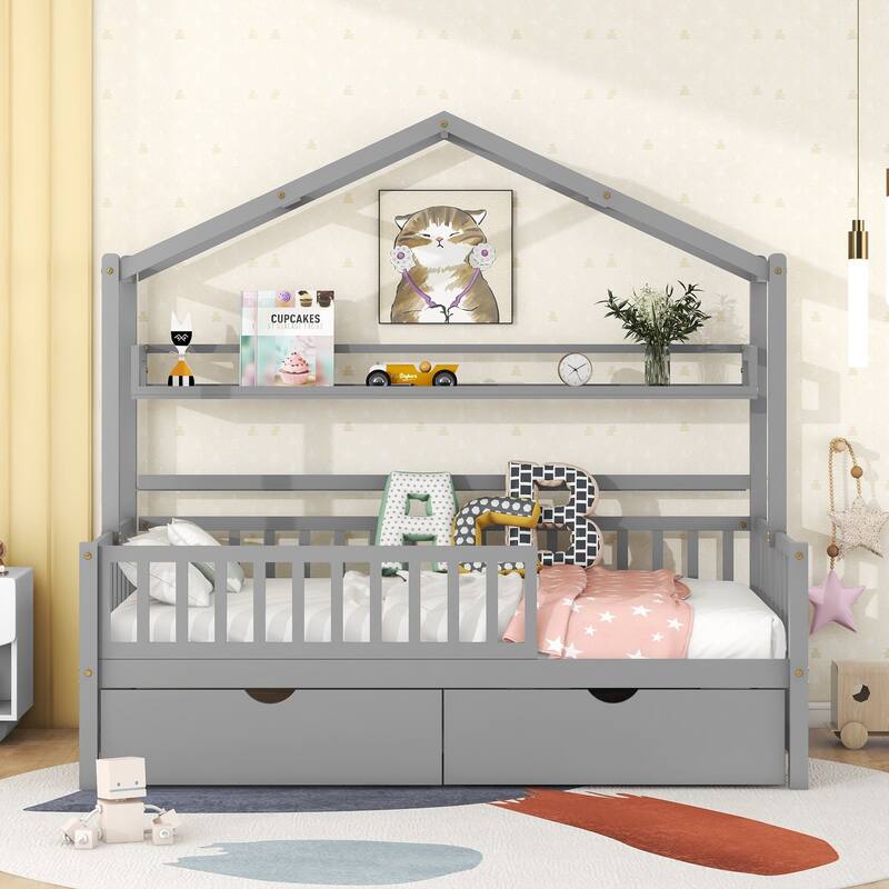 Pinewood House Bed with Roof, 2 Drawers, and Shelf, Full-Length Guardrails