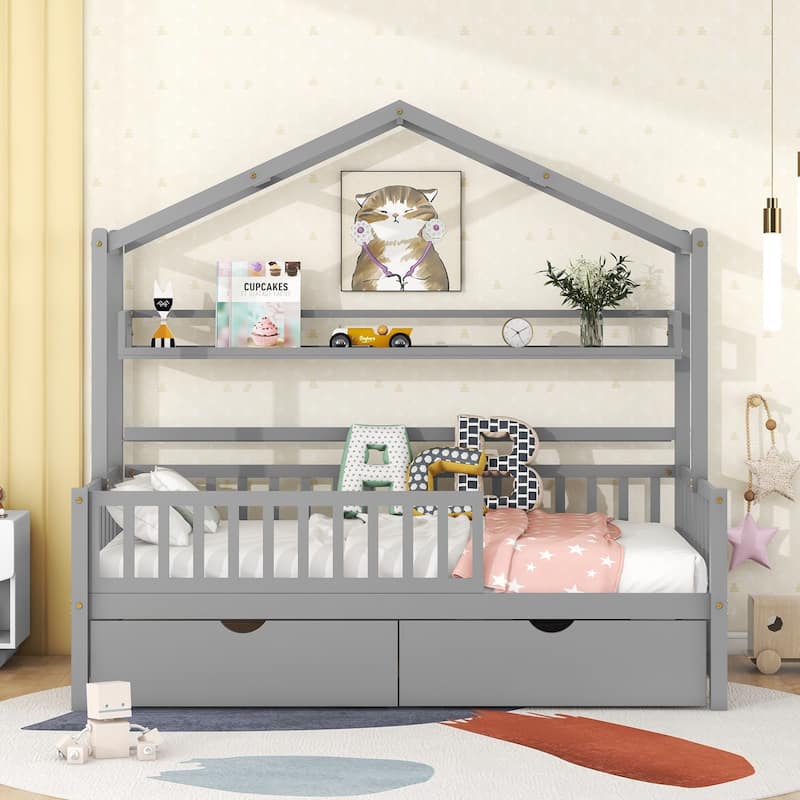 Wood House Bed with 2 Drawers, Kids Bed with Storage Shelf